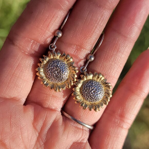 Sterling silver 925 gold boho hippie flower child sunflower earrings - Picture 13 of 13